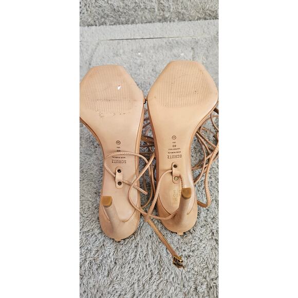 New Schutz Vikki Tan Leather Lace Up High Heel Square Toe Sandals Womens Size 8B - Picture 6 of 9